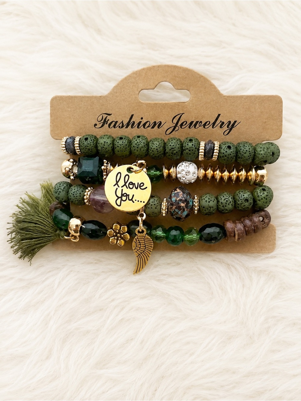 🆕 Stackable Green Beaded Charm Bracelet Set - I Love You